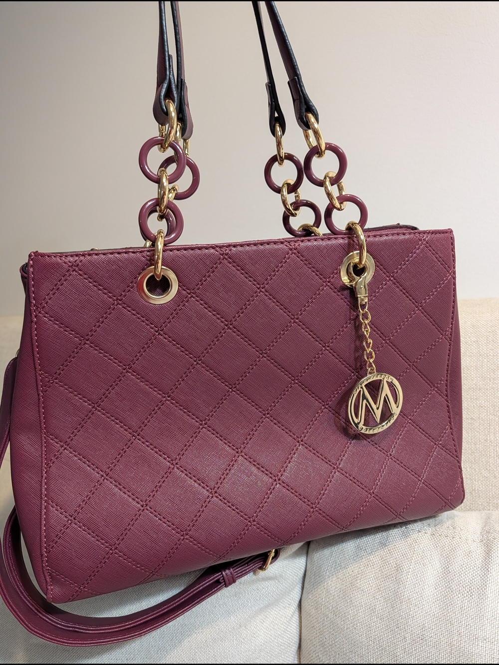 Quilted Burgundy Shoulder Bag with Gold Chain Charm